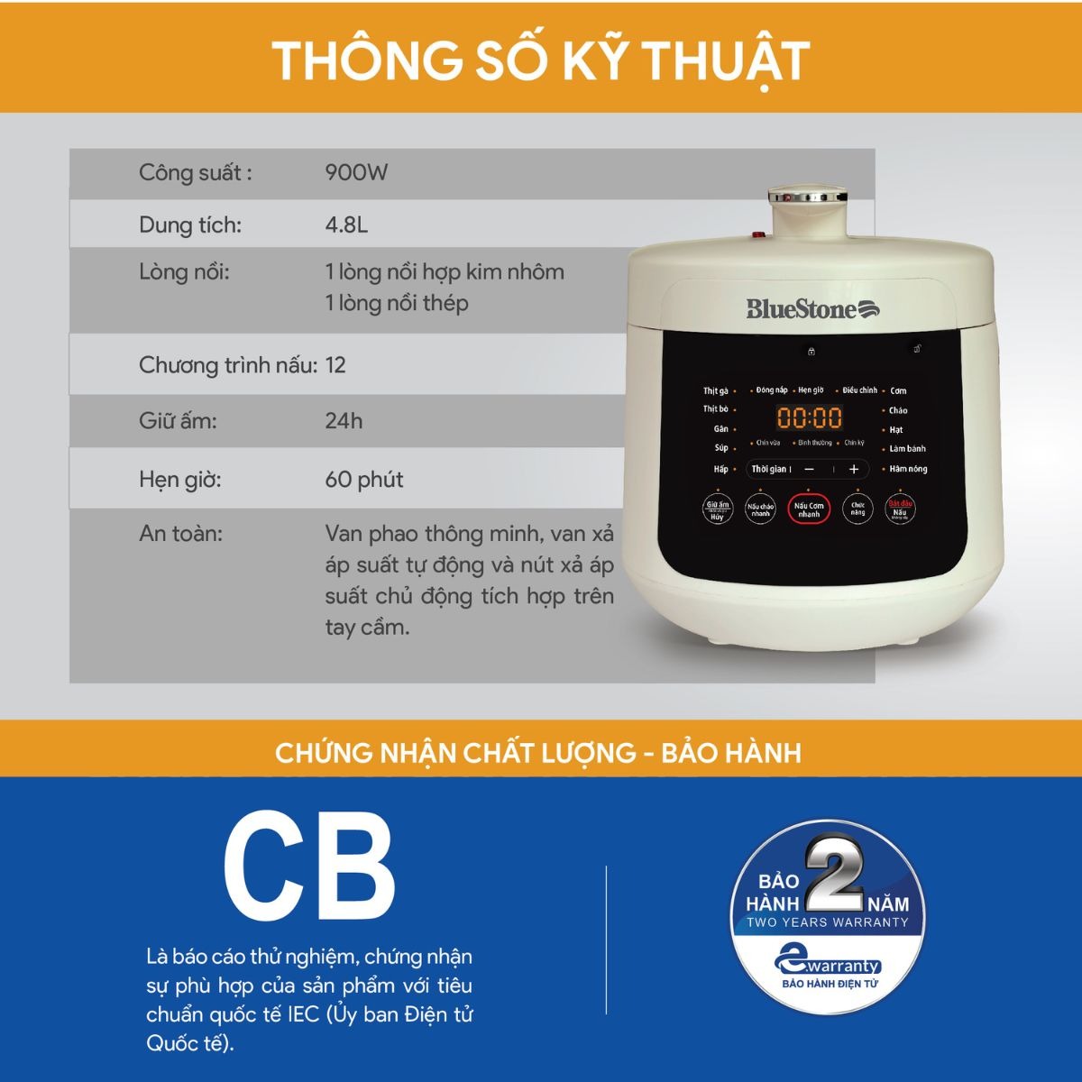 Thông số kỹ thuật của Nồi Áp Suất BlueStone PCB-5760