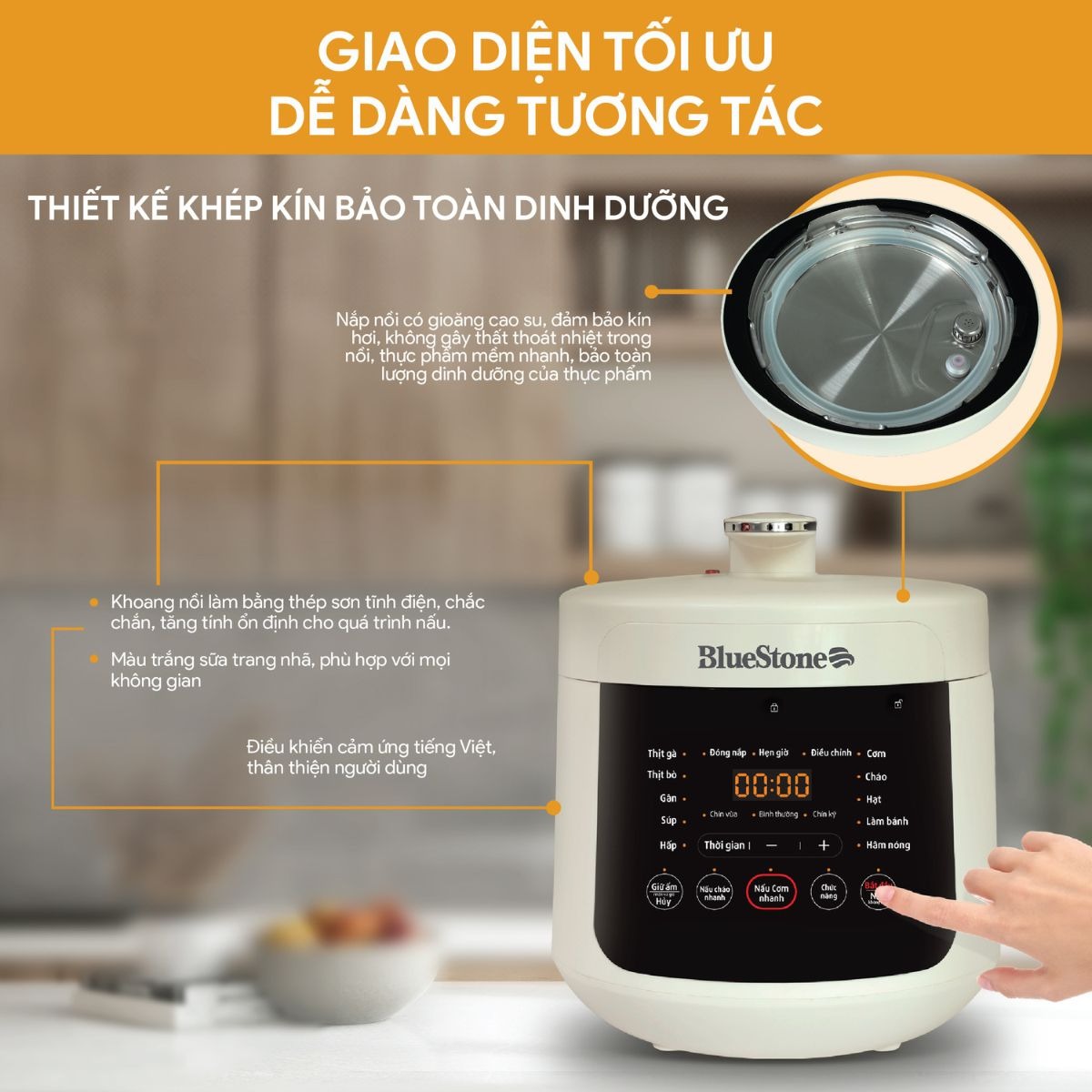 Nồi Áp Suất BlueStone PCB-5760 4.8 Lít 900W giao diện tối ưu dễ dàng thao tác