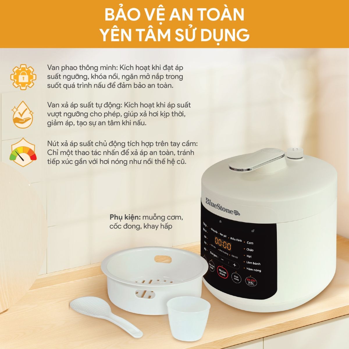 Nồi Áp Suất BlueStone PCB-5760 bảo vệ an toàn, yên tâm sử dụng